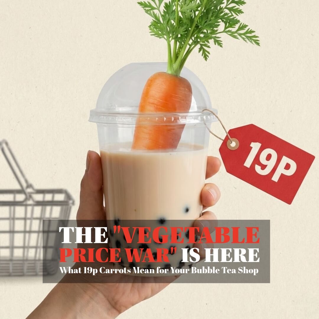 Bubble tea cup filled with a raw carrot and a 19p price tag, illustrating the UK supermarket Christmas vegetable price war marketing strategy for 2025.