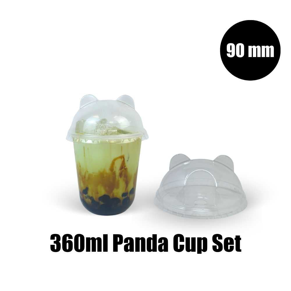 360ml Bubble Tea Cup Set (250 Clear Plastic Cups &amp; 250 panda lids) I Size 90mm