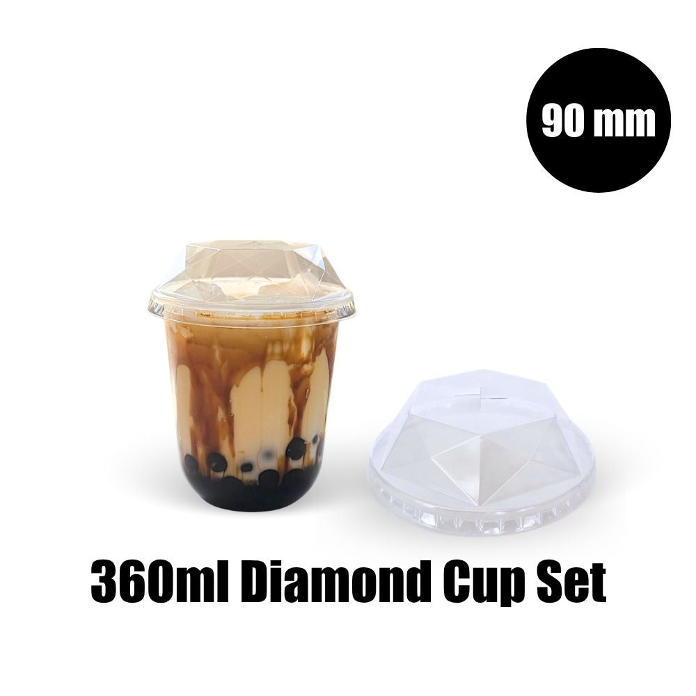 360ml Diamond Bubble Tea Cup Set (250 Clear Plastic Cups &amp; 250 Diamond Lids) I Size 90mm