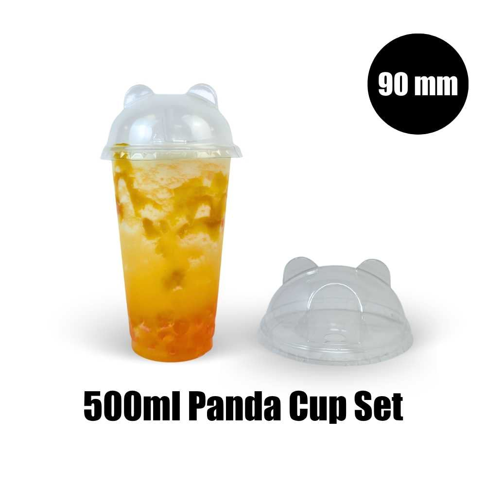 500ml Bubble Tea Cup Set (250 Clear Plastic Cups &amp; 250 panda lids) I Size 90mm