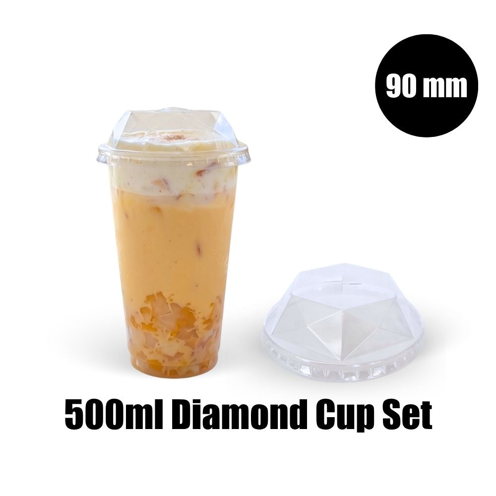 500ml Diamond Bubble Tea Cup Set (250 Clear Plastic Cups &amp; 250 Diamond Lids) I Size 90mm