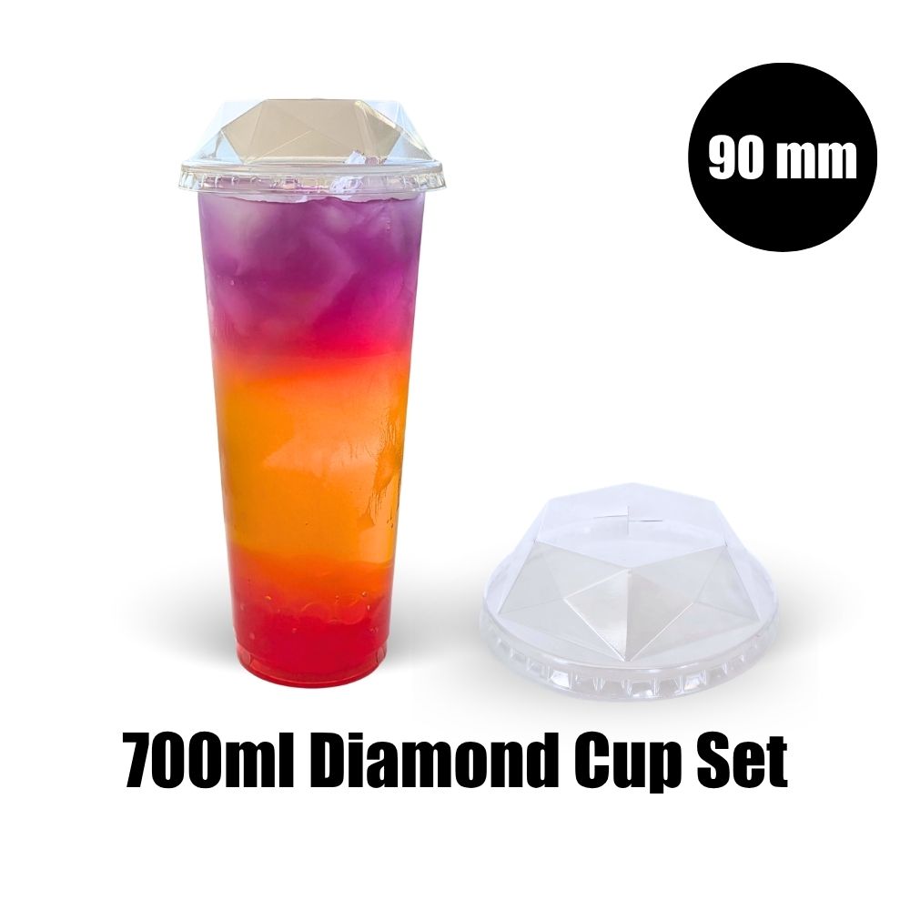 700ml Diamond Bubble Tea Cup Set (250 Clear Plastic Cups &amp; 250 Diamond Lids) I Size 90mm