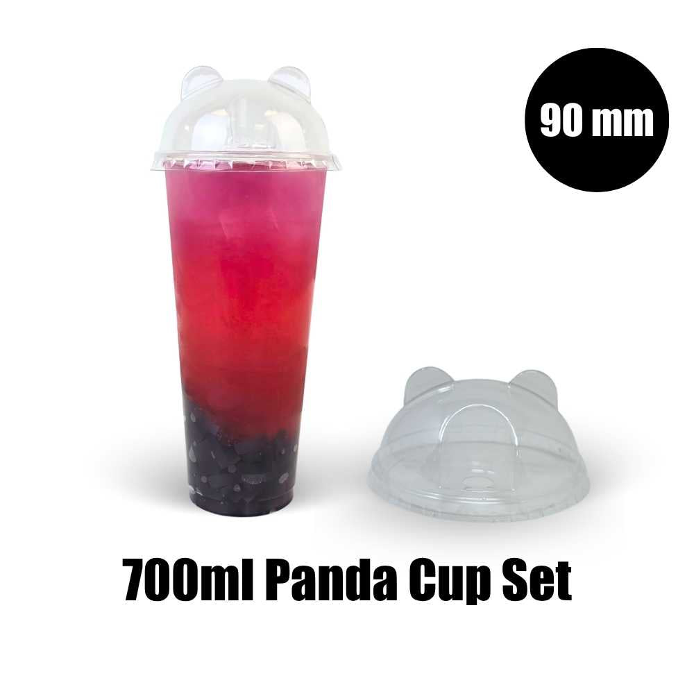 700ml Bubble Tea Cup Set (250 Clear Plastic Cups &amp; 250 panda lids) I Size 90mm