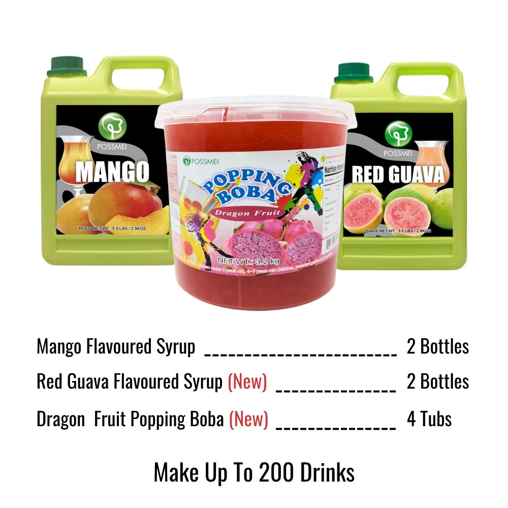 Tropical Sunset Bundle - Mango Flavoured Syrup/ Red Guava Flavoured Syrup/ Dragon Fruit Popping Boba